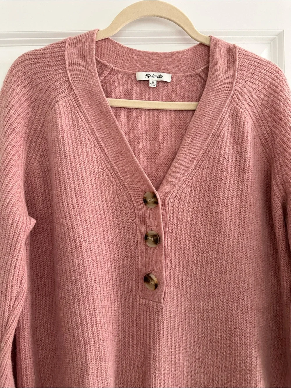 Madewell Merino Wool Pink V-Neck Button Front Lyle Rib Henley Pullover Sweater